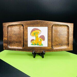 70s Merry Mushroom Wood Ceramic Tile Charcuterie Board Vintage Kitchen Tray